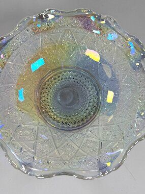 L.E. Smith Iridescent 8 3/4” Crimped Ruffled Diamond Lace Bowl Vintage